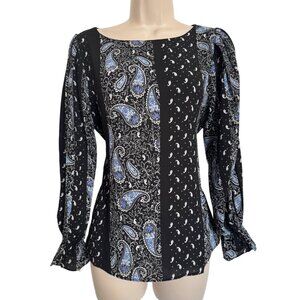 Tahari Long sleeve Print Blouse Size Small Black Blue NWT $68